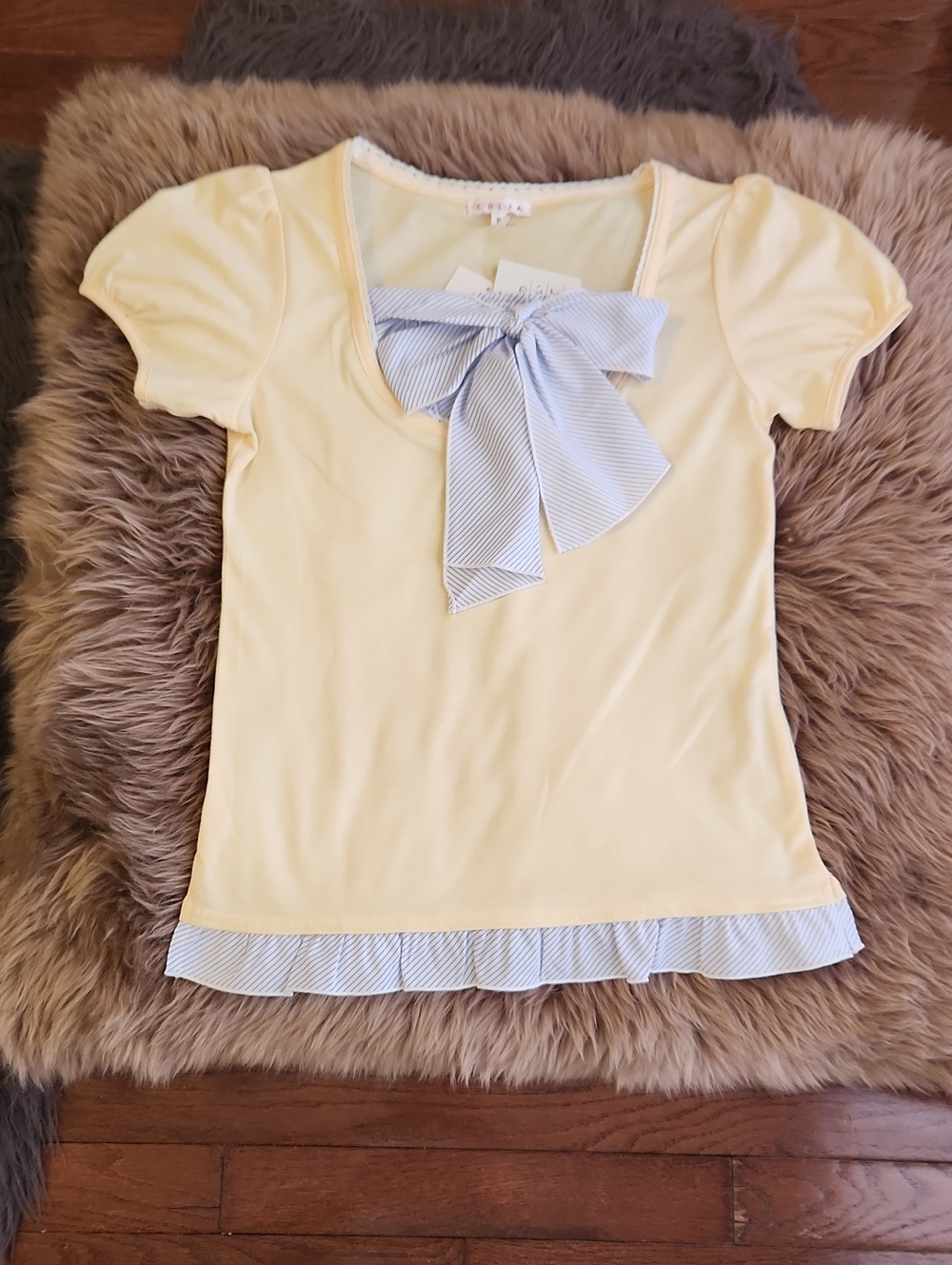 Japanese designed Pale Yellow Short Cap Sleeve Top with Bow Accent